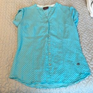 Cute Blue Patterned Fitted Button Down Ruffled Short Sleeve Shirt